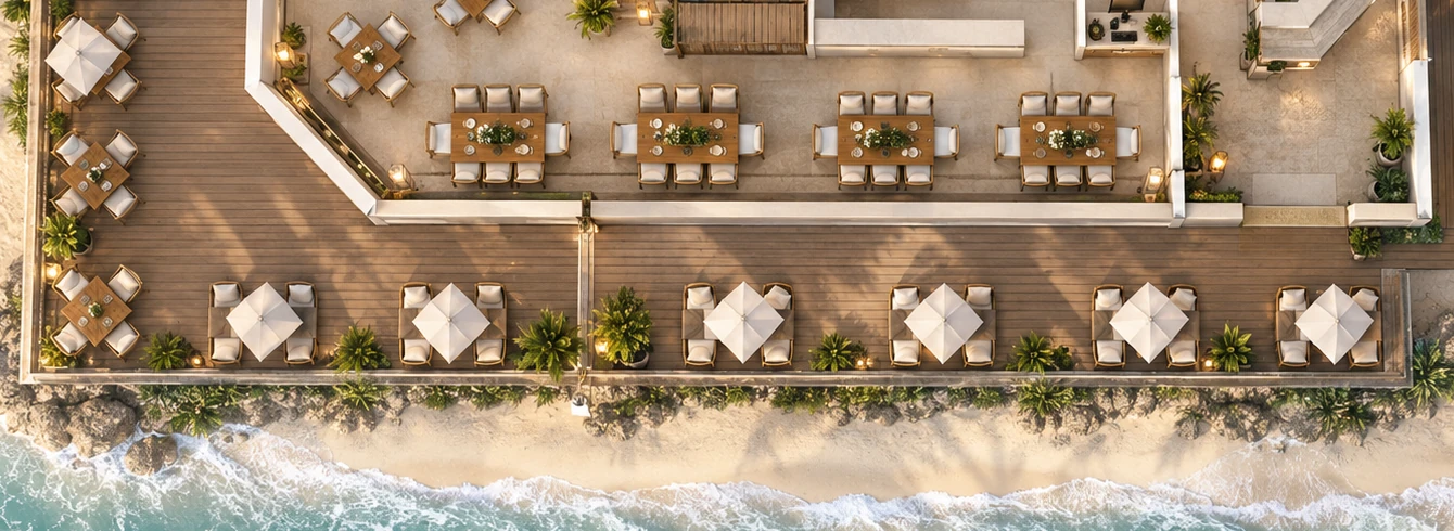 Vista cenital ilustrada de SHANTI: mesas organizadas en el salón y el deck junto a la playa.